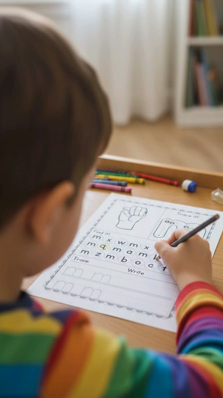 Enfant qui complète une fiche d’écriture à son bureau