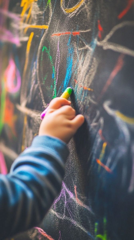 Enfant qui dessine à la craie de couleur sur un tableau noir