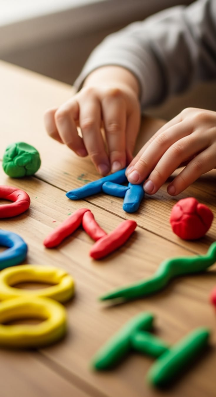 Mains d’enfant qui façonnent des lettres en pâte à modeler